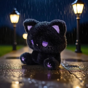 Close-up of the emo cat plush face with a cute and slightly sad expression