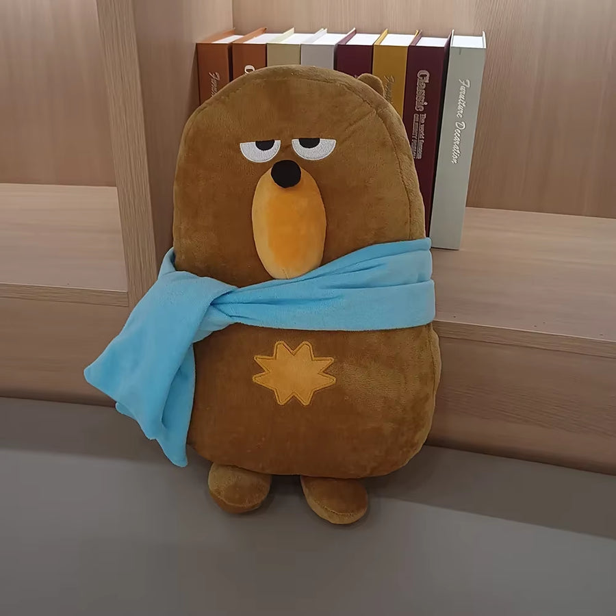 Falstaff Duolingo plush bear used as cozy room decoration