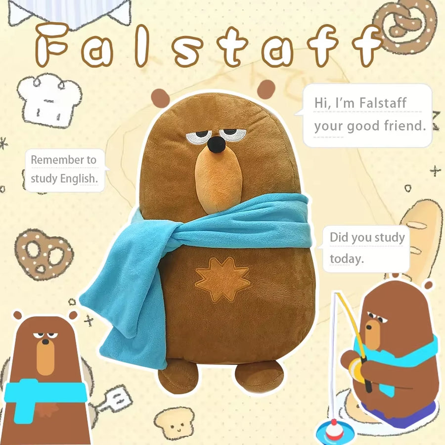 Falstaff Duolingo plush bear sitting as a soft stuffed toy