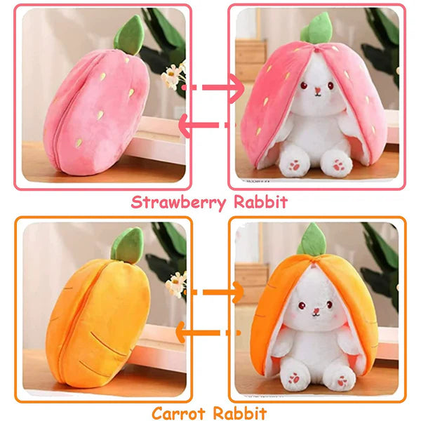 Strawberry and carrot bunny plush toys transforming from fruit shapes into cute rabbit stuffed animals, comparison of both designs for kids, gifts, and kawaii decor