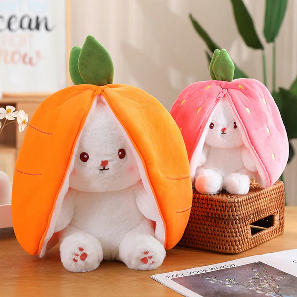 Fruit bunny plush toys in carrot and strawberry designs opened to reveal cute rabbits inside, soft transforming stuffed animals for kids, gifts, and room decor.