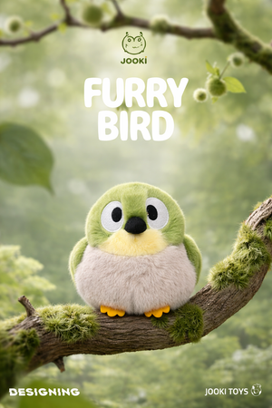 cute green bird plush toy sitting on a branch in a soft nature background, aesthetic stuffed animal gift idea