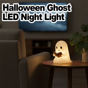 Cute ghost Halloween night light glowing softly as a bedside lamp