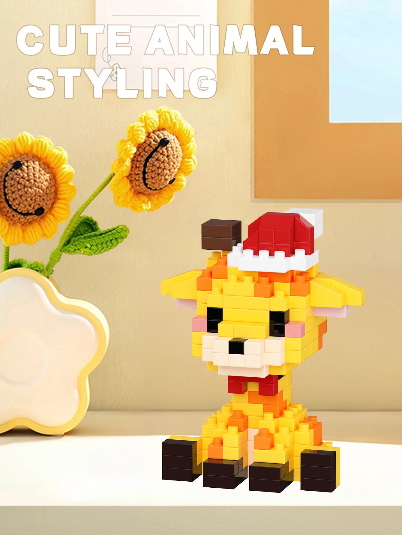Cute giraffe building block toy with hat in a styled display setting, mini animal puzzle figure for kids