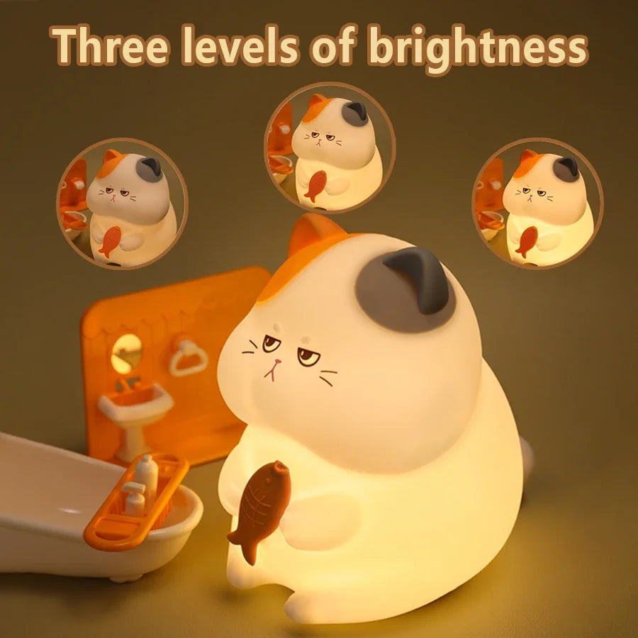 Gluttonous cat night light showing three brightness levels