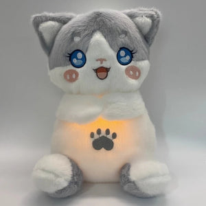 Gray breathing cat plush showing gentle breathing motion for calming and sleep comfort