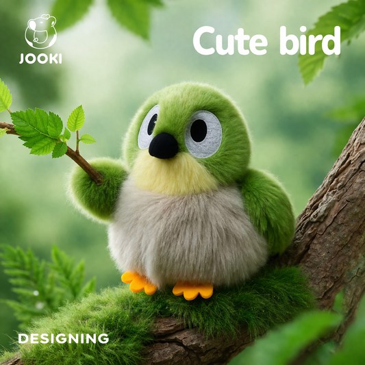 cute green bird plush toy sitting on a tree branch with natural background, soft stuffed animal gift idea