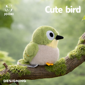 green bird plush toy side view sitting on a tree branch with soft natural background, cute stuffed animal gift