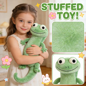 child hugging green lizard plush toy soft stuffed animal for kids comfort and play