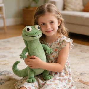 young girl hugging green lizard plush toy soft stuffed animal in cozy living room