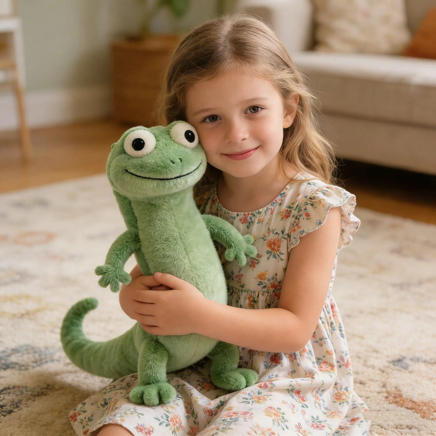 young girl hugging green lizard plush toy soft stuffed animal in cozy living room