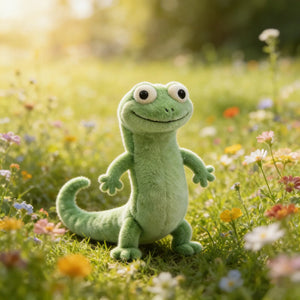 green lizard plush toy standing in a field of colorful flowers soft aesthetic lifestyle image