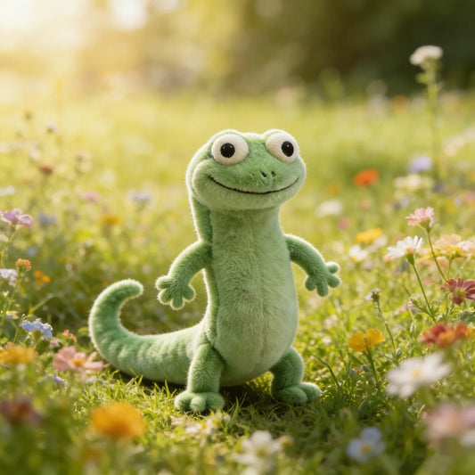 green lizard plush toy standing in a field of colorful flowers soft aesthetic lifestyle image