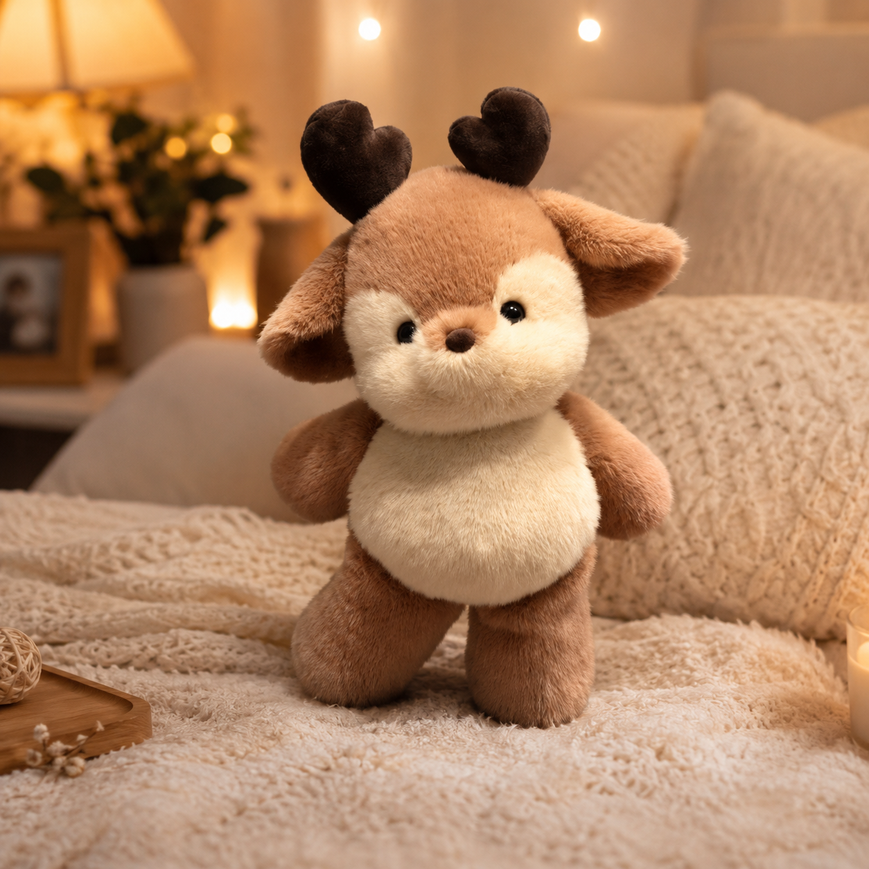 Hazel Zoomies deer plush standing on a cozy bed with warm lighting, showing a cute soft stuffed animal for cuddles, comfort, and woodland room decor
