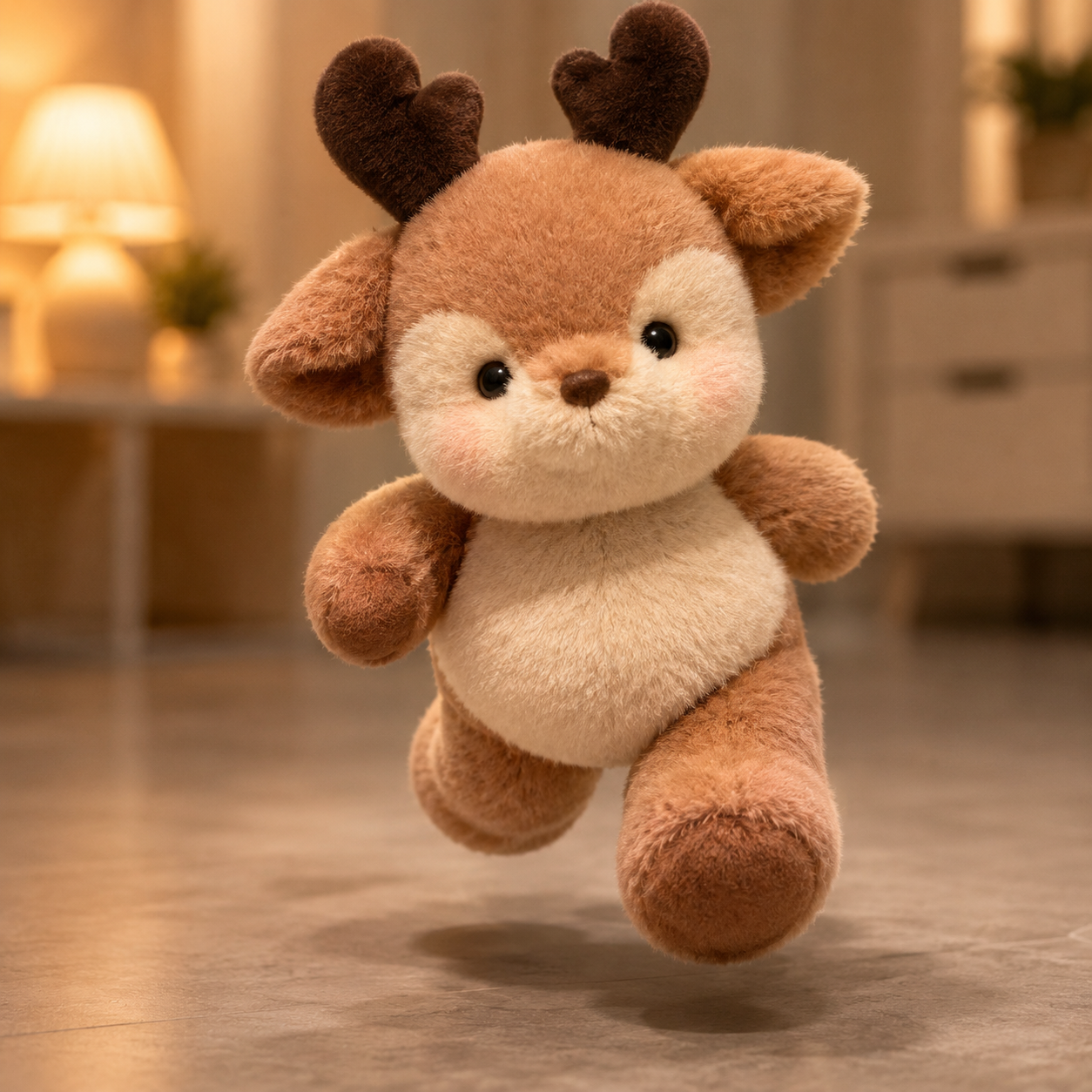Hazel Zoomies deer plush in a playful running pose with warm indoor lighting, showing a cute soft stuffed animal for fun, cuddles, and comfort