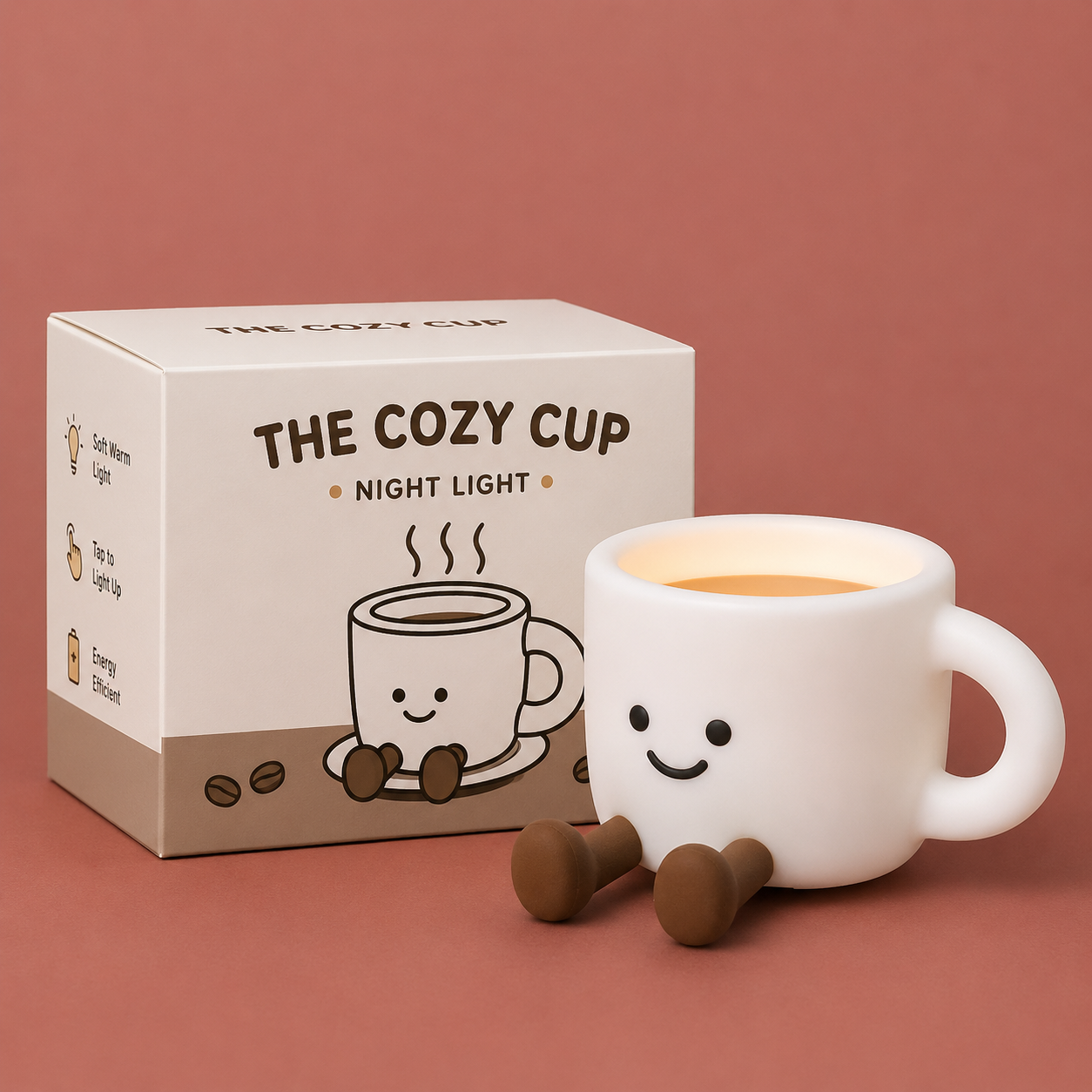 The Cozy Cup Night Light displayed beside its branded packaging box, featuring a cute smiling coffee cup design for cozy bedroom and desk decor