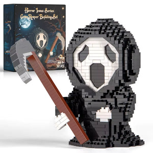 Horror movie–inspired brick figures arranged as a collectible display set