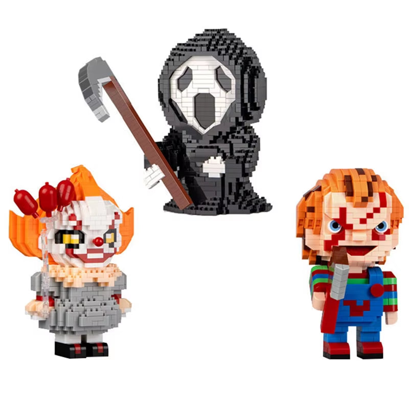 Horror movie–inspired mini building block figures displayed together as a set