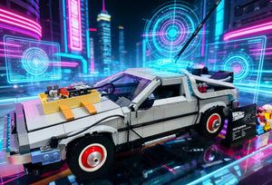 Front view of a retro-inspired speed hypercar built from building blocks