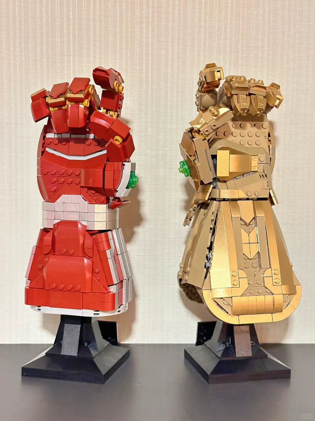 Infinity stones glove building block models displayed as desk or shelf decor