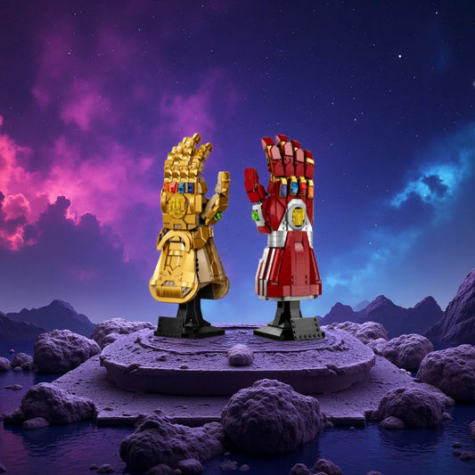 Infinity stones glove building blocks set displayed as a cosmic gauntlet model