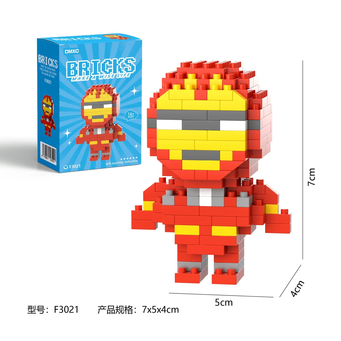 Iron Man–inspired building brick figure made with colorful construction blocks