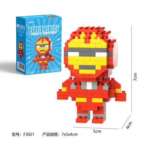 Iron Man–inspired building brick figure made with colorful construction blocks