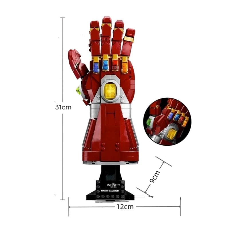 Iron Man–style infinity glove building block model with glowing stone design