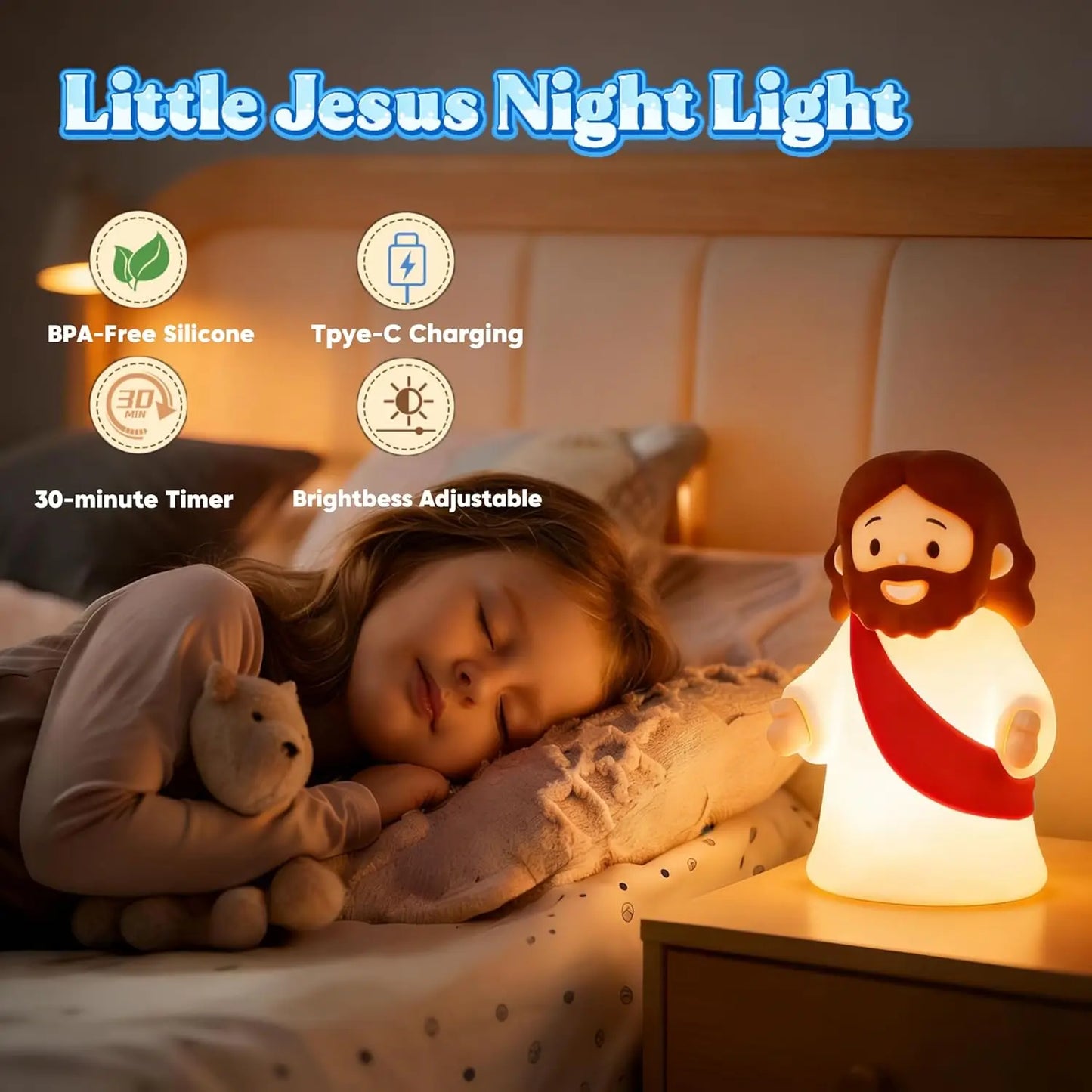 Jesus night light used in a bedroom to provide comfort and gentle lighting at night