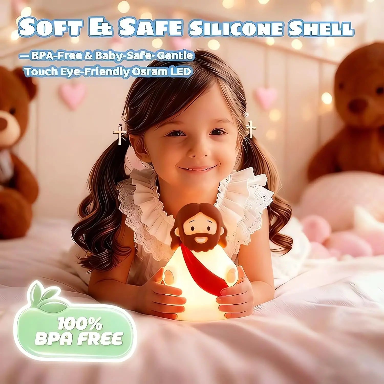 Close-up view of the Jesus night light showing its detailed design and warm light