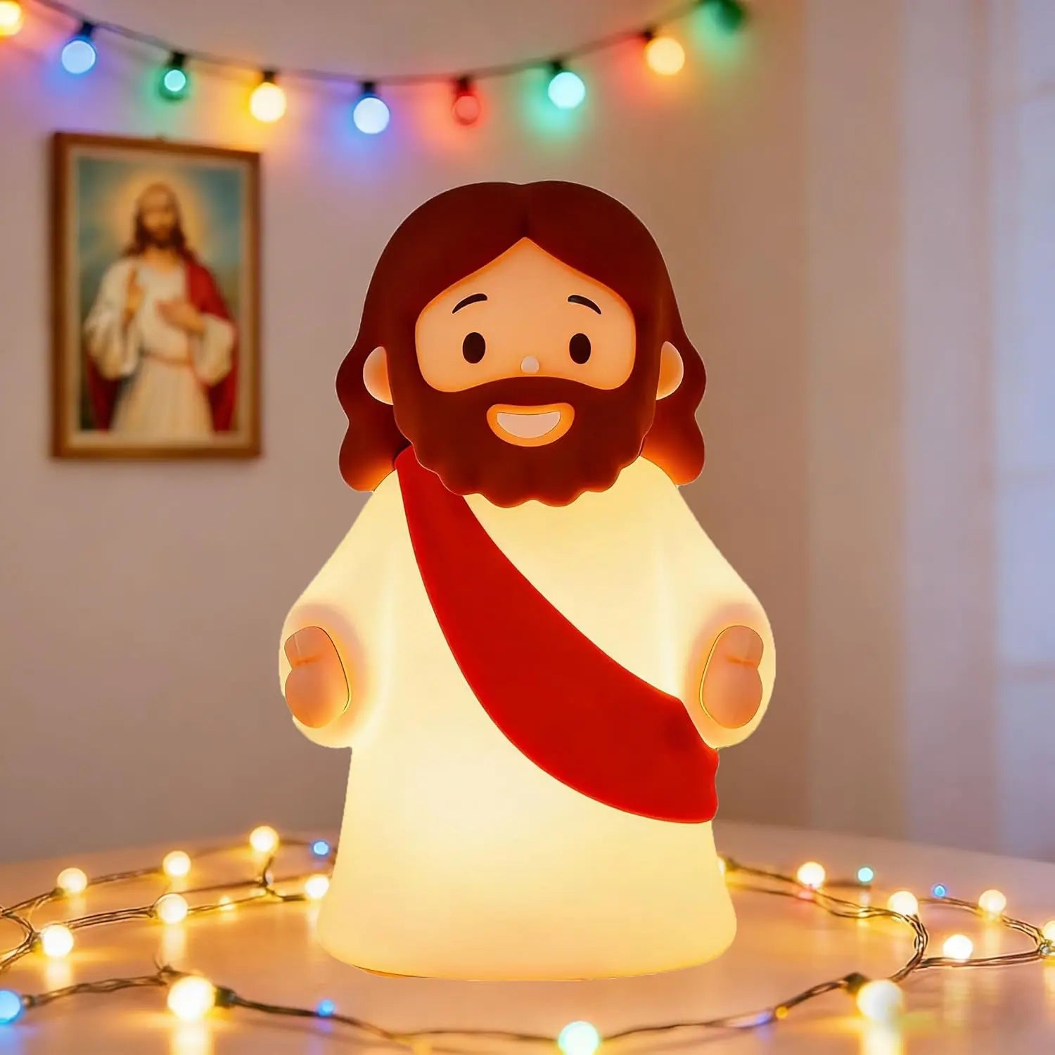 Jesus night light displayed on a bedside table with a soft, calming glow