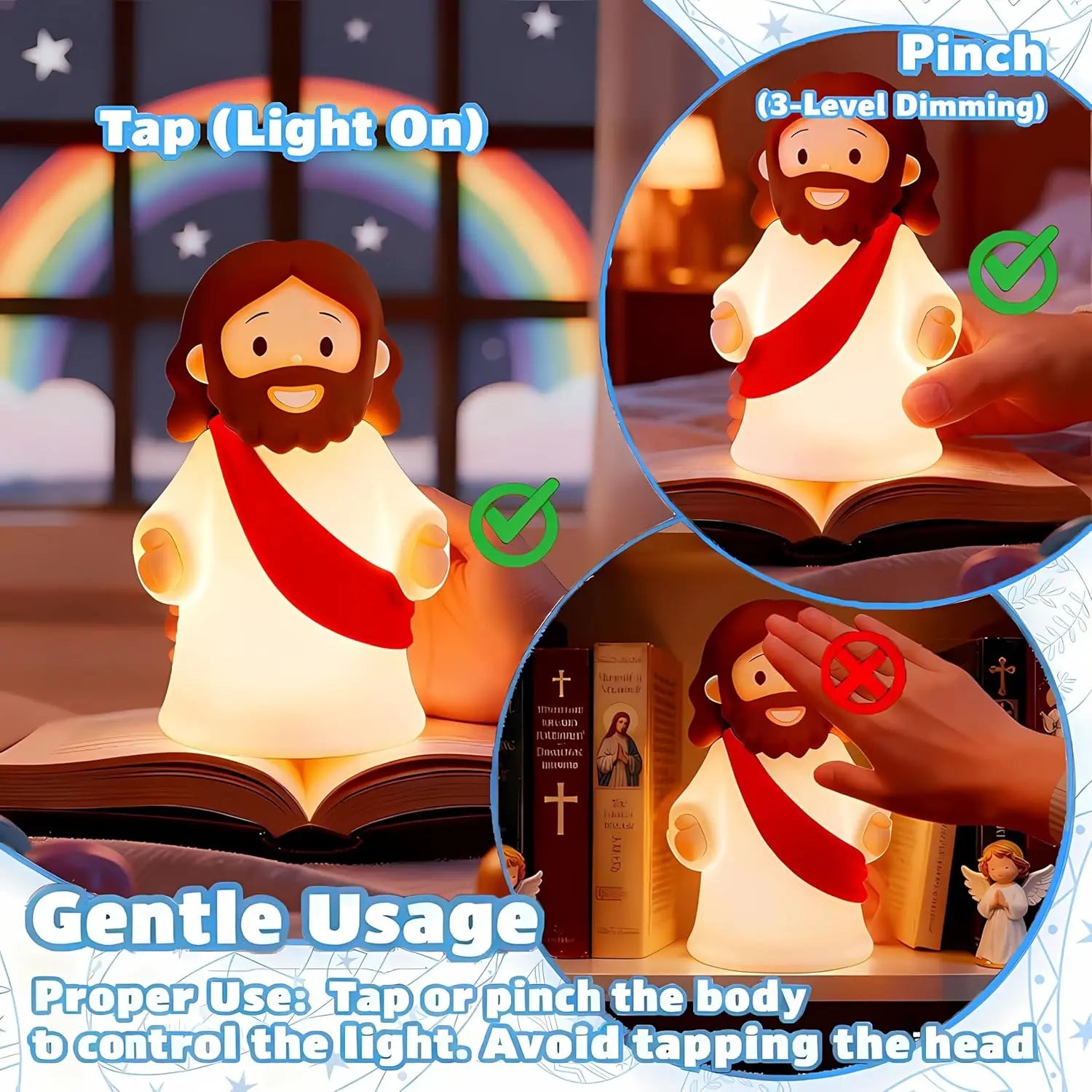 Soft glowing Jesus night light creating a peaceful nighttime atmosphere