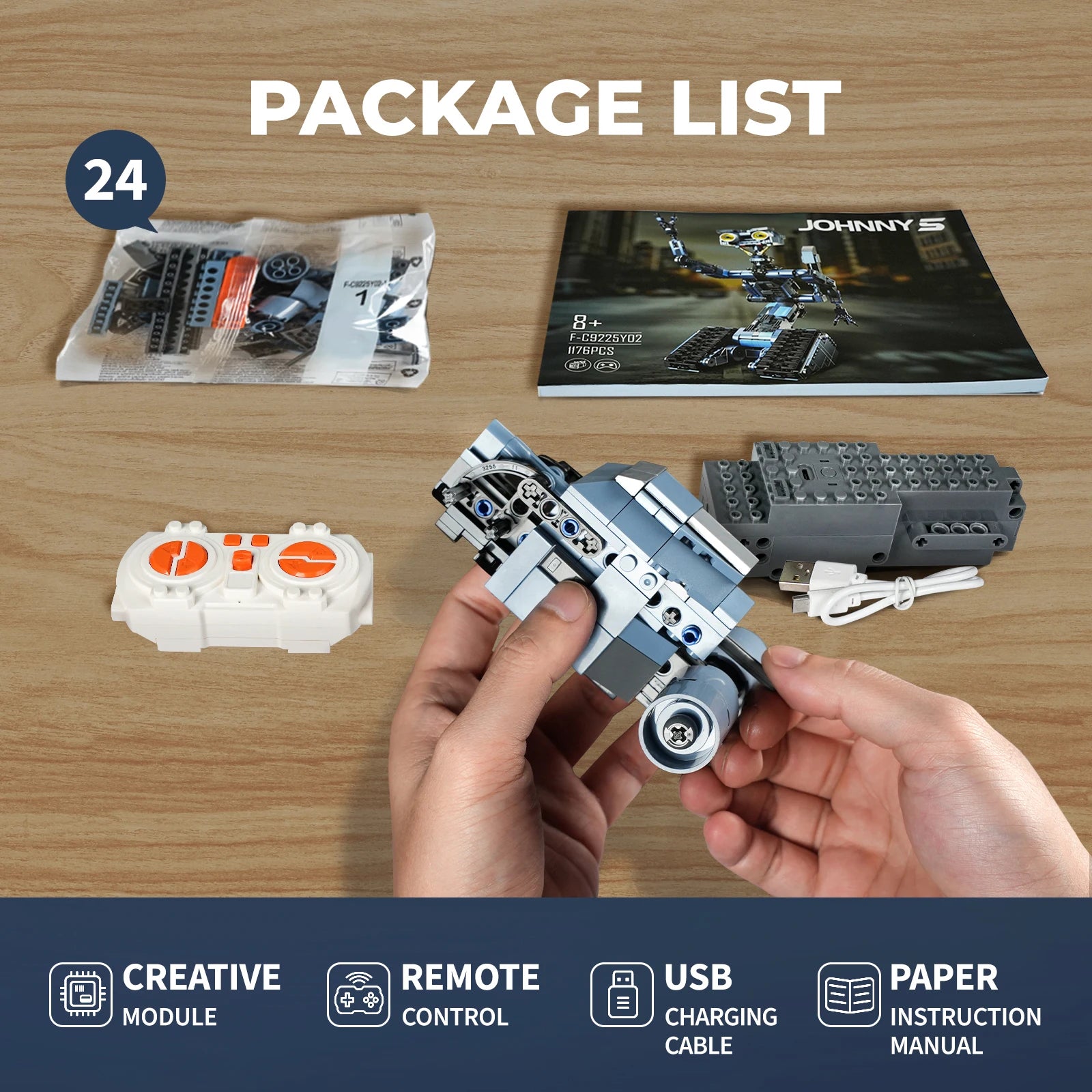 Close-up of the detailed brick design on the Johnny 5 robot model