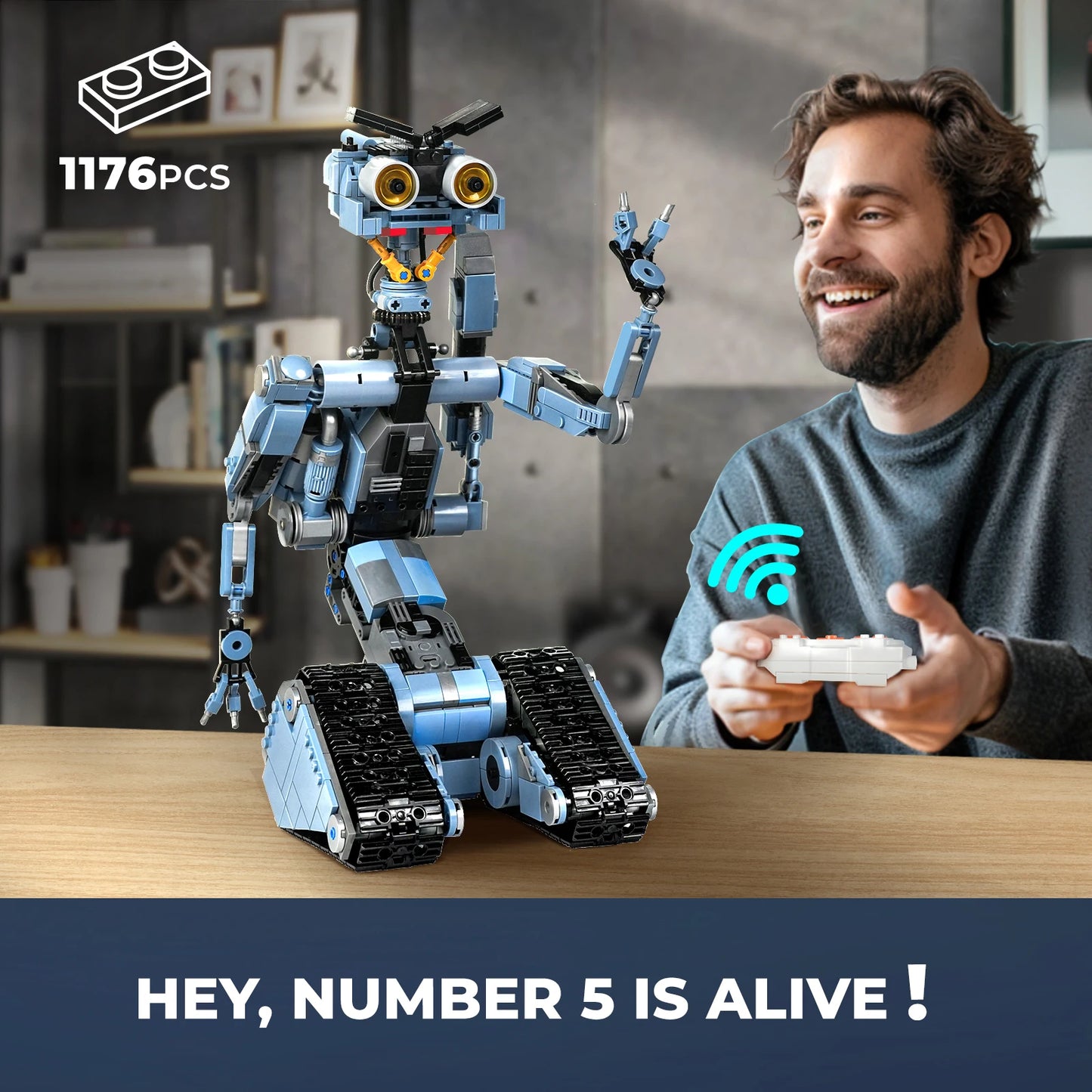 Front view of a Johnny 5 robot built from LEGO-compatible building blocks