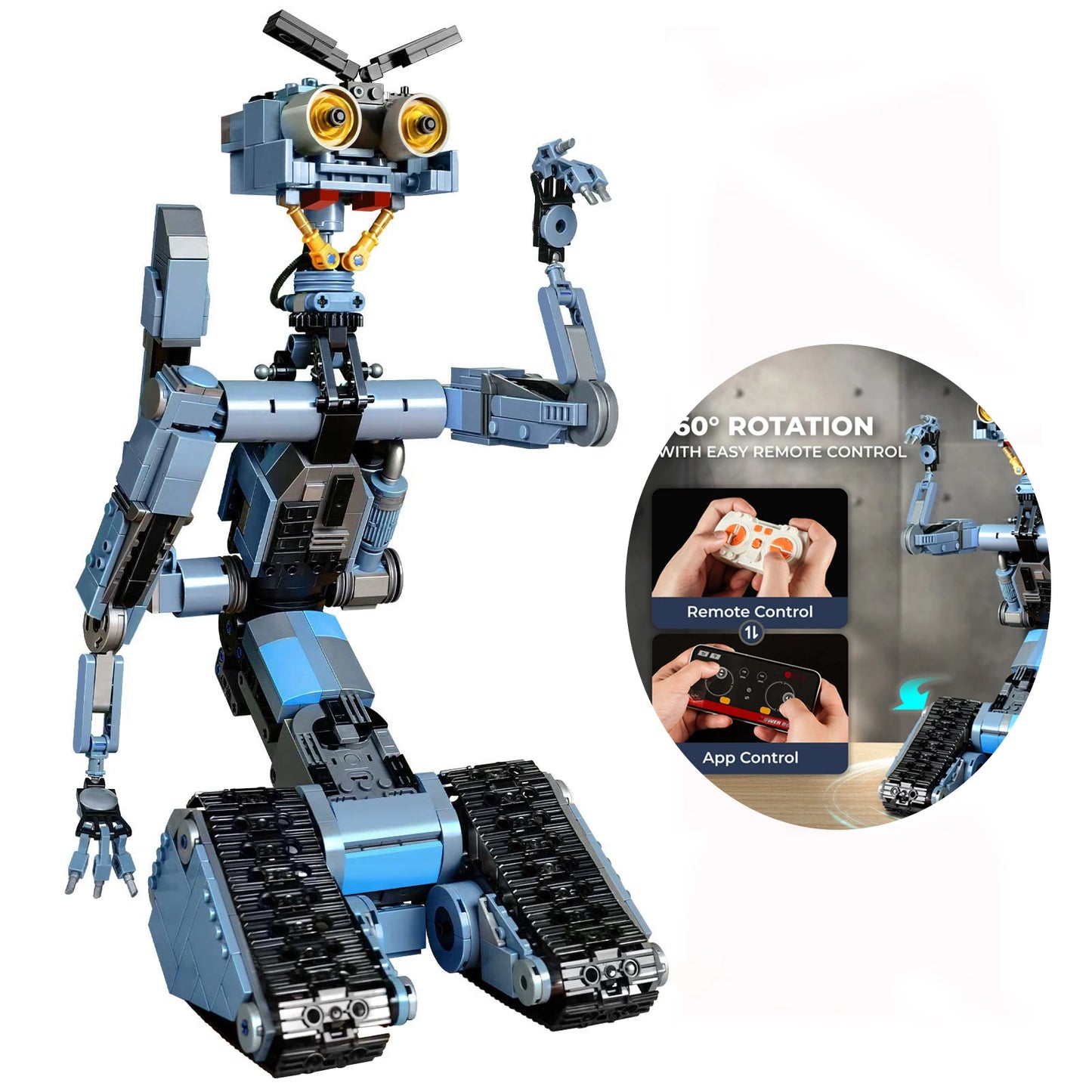 Johnny 5 robot building block set displayed with its packaging box