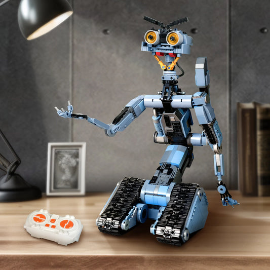 Johnny 5 robot building block model fully assembled on display