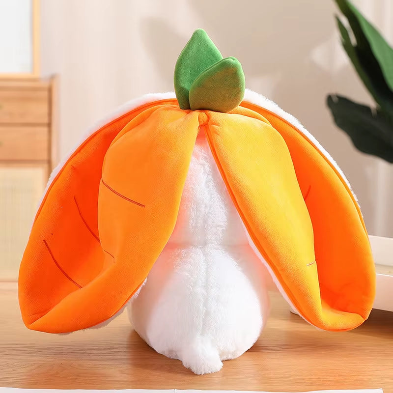 Kawaii carrot bunny plush toy, cute rabbit stuffed animal with soft fabric, cozy design for kids, gifts, room decor, and cuddling
