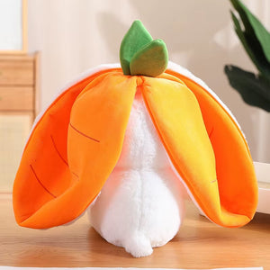 Kawaii carrot bunny plush toy, cute rabbit stuffed animal with soft fabric, cozy design for kids, gifts, room decor, and cuddling