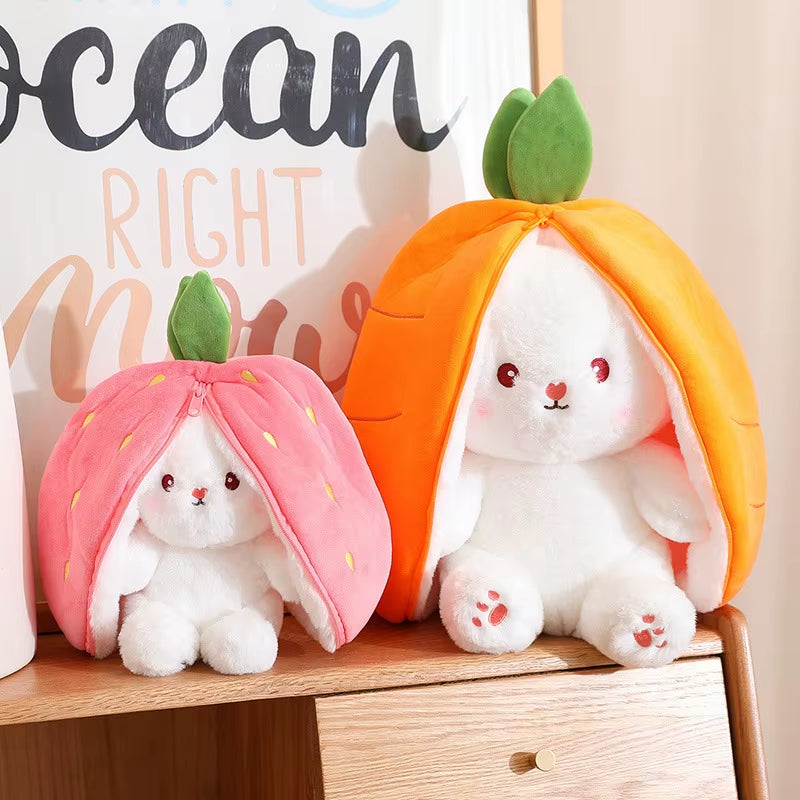 Kawaii fruit bunny plush toys in strawberry and carrot designs, cute rabbit stuffed animals for kids, gifts, nursery decor, and cozy cuddling