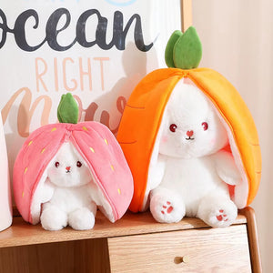 Kawaii fruit bunny plush toys in strawberry and carrot designs, cute rabbit stuffed animals for kids, gifts, nursery decor, and cozy cuddling