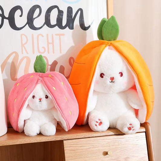 Kawaii fruit bunny plush toys in strawberry and carrot designs, cute rabbit stuffed animals for kids, gifts, nursery decor, and cozy cuddling