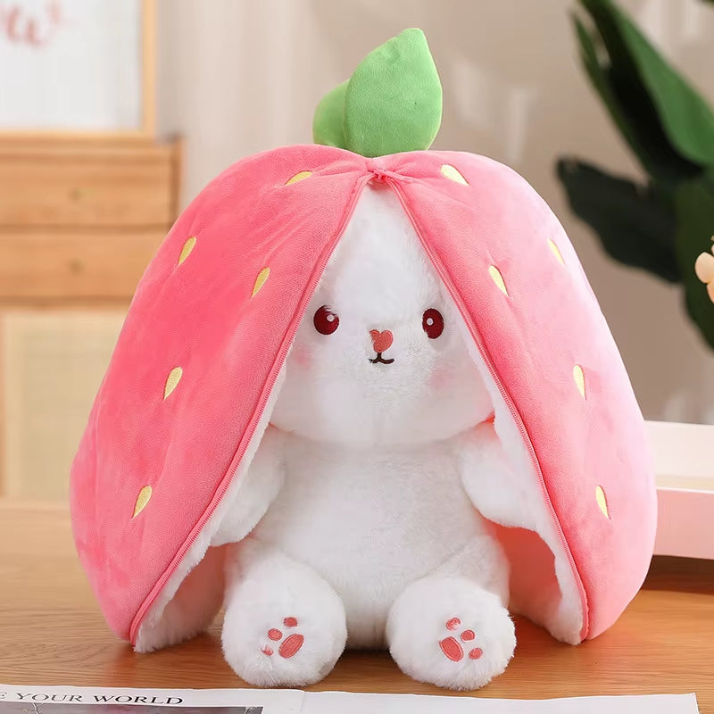 Kawaii strawberry bunny plush toy, cute rabbit stuffed animal with soft fabric, perfect for kids, gifts, room decor, and cozy cuddling