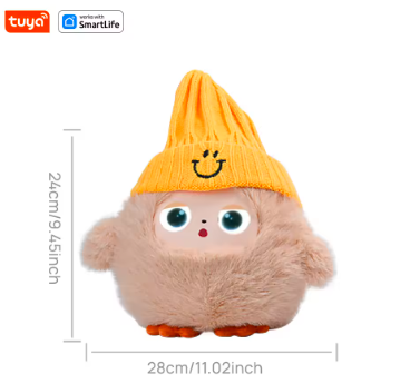 Plush toy with a yellow beanie and measurements on a white background