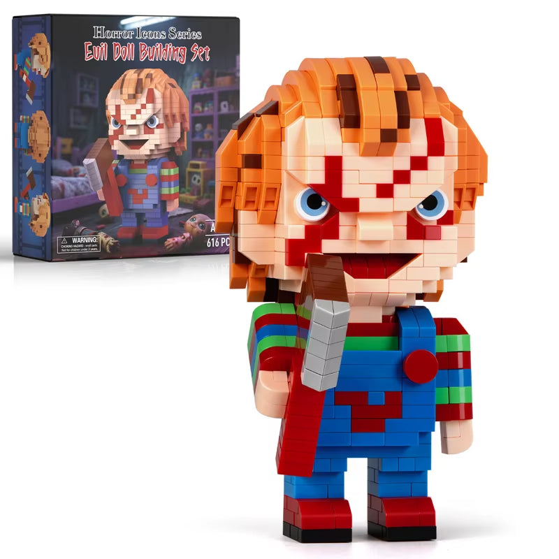 Killer doll–inspired mini brick figure built from colorful building blocks