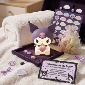 Kuromi Care Package featuring a lit purple Kuromi comfort lamp, a sheet of pastel cloud stickers, macarons in a clear bag, and a printed care package card on a soft white blanket background.