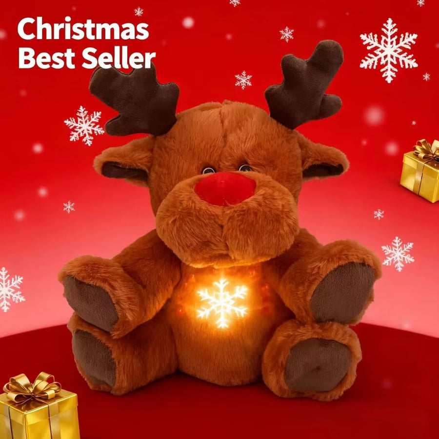 Light-up moose plush toy glowing softly with festive lights