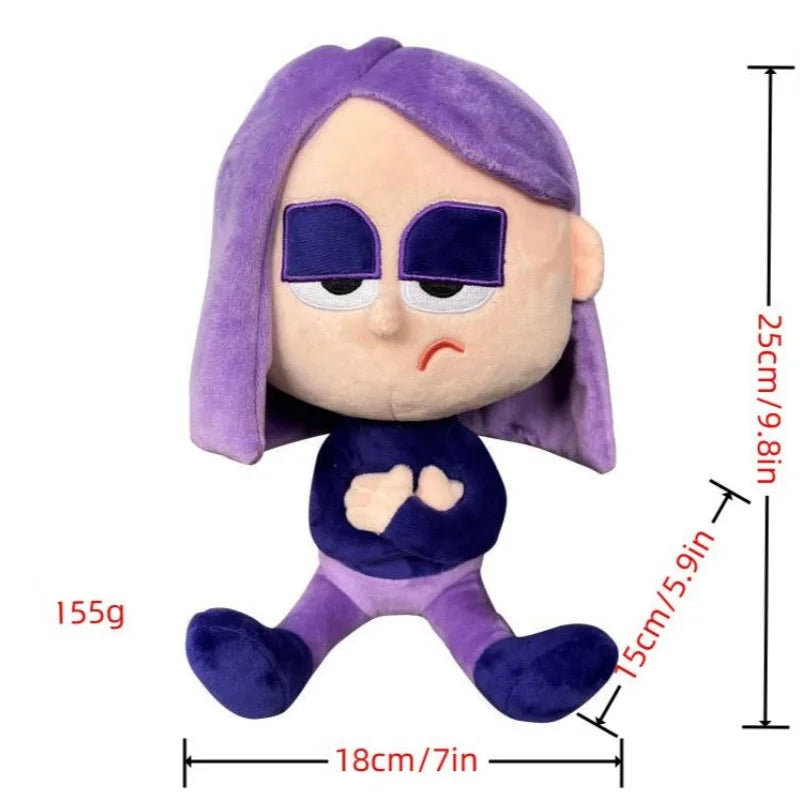 Front view of Lily Duolingo purple plush toy