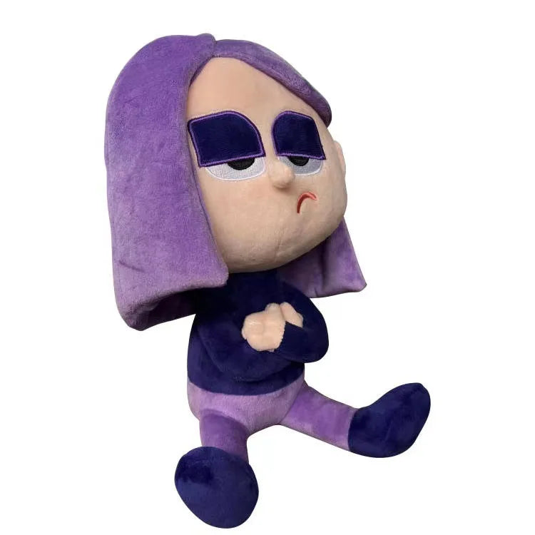 Side view of Lily Duolingo plush showing purple character design