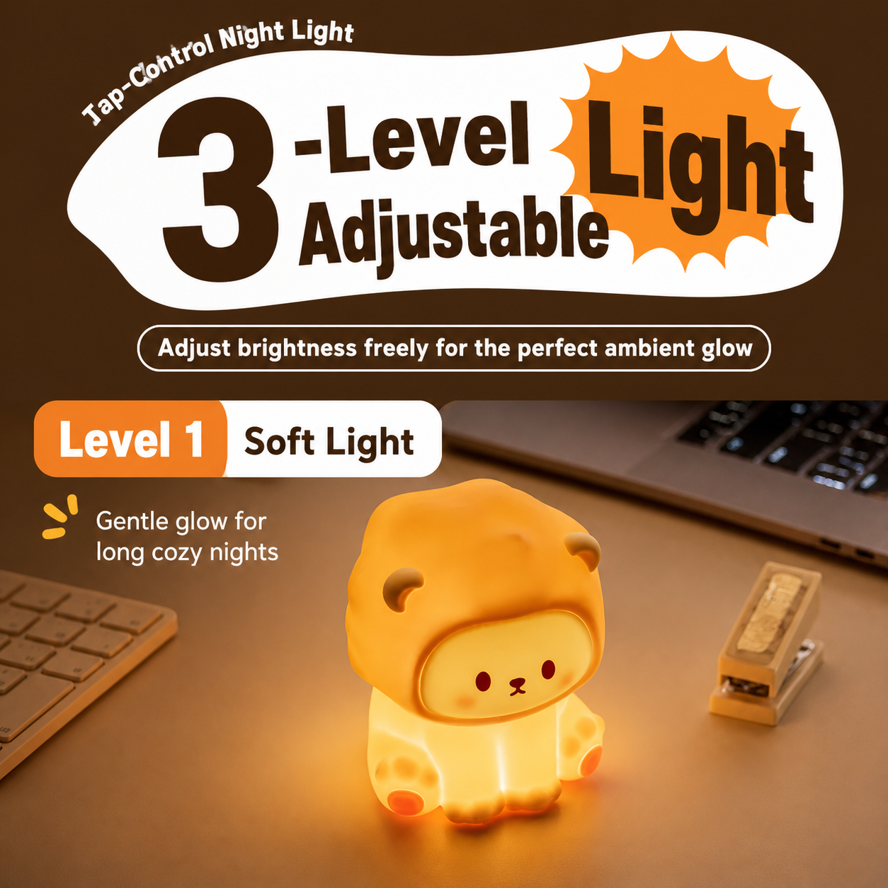 Lion Night Light glowing in soft light mode with 3-level adjustable brightness for a gentle ambient glow.