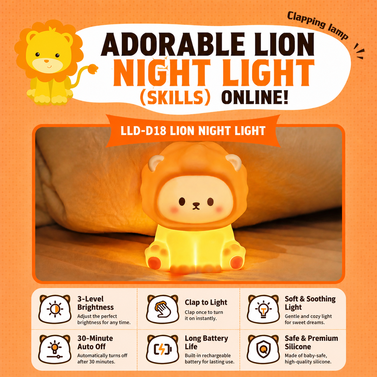 Lion Night Light glowing warmly in a product feature graphic with 3-level brightness, clap-to-light control, soft soothing light, auto-off timer, long battery life, and safe silicone material.